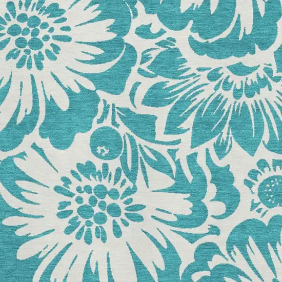 Teal And Ivory Floral Washable Area Rug With UV Protection Photo 3