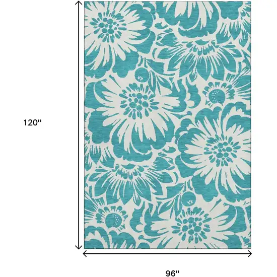 Teal And Ivory Floral Washable Area Rug With UV Protection Photo 3