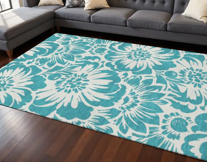 Teal And Ivory Floral Washable Area Rug With UV Protection Photo 2