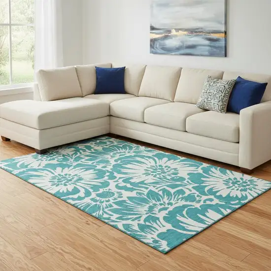 Teal And Ivory Floral Washable Area Rug With UV Protection Photo 1