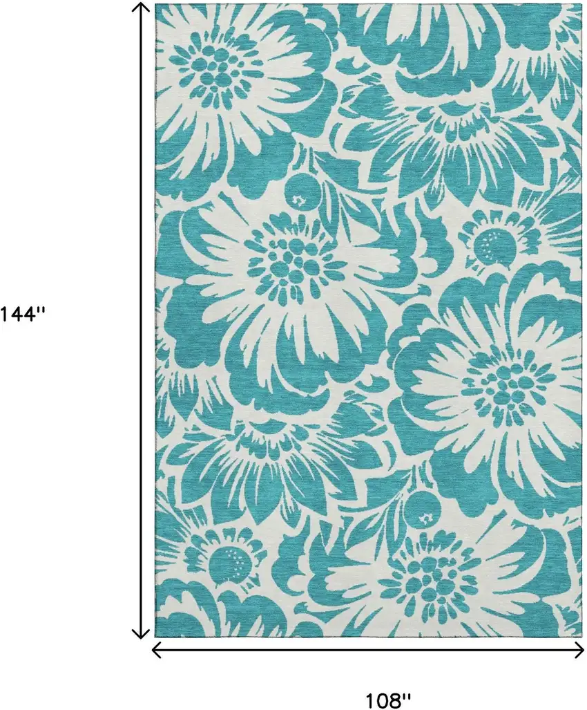 Teal And Ivory Floral Washable Area Rug With UV Protection Photo 3