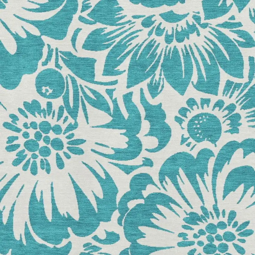 Teal And Ivory Floral Washable Area Rug With UV Protection Photo 7