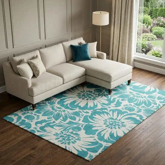 Teal And Ivory Floral Washable Area Rug With UV Protection Photo 1
