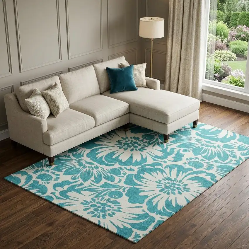 Teal And Ivory Floral Washable Area Rug With UV Protection Photo 1