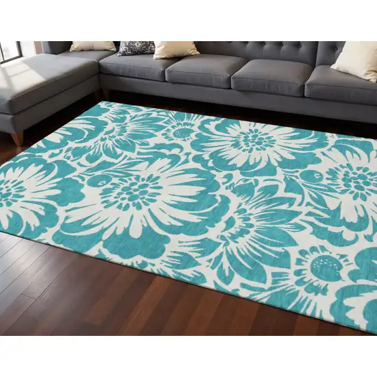 Teal And Ivory Floral Washable Area Rug With UV Protection Photo 2