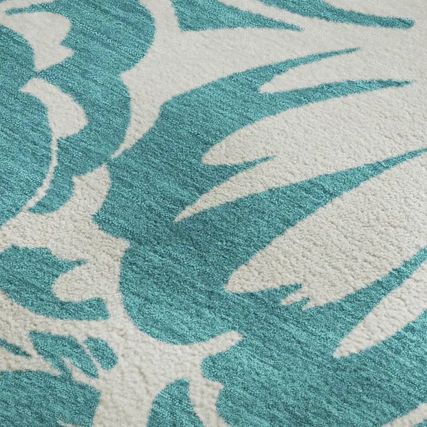 Teal And Ivory Floral Washable Area Rug With UV Protection Photo 7