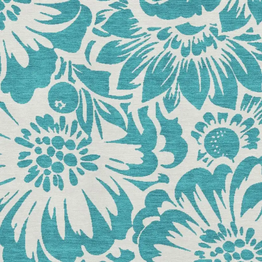 Teal And Ivory Floral Washable Area Rug With UV Protection Photo 8