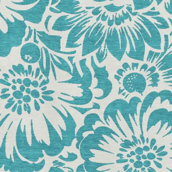 Teal And Ivory Floral Washable Area Rug With UV Protection Photo 3