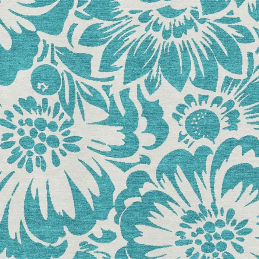 Teal And Ivory Floral Washable Area Rug With UV Protection Photo 3