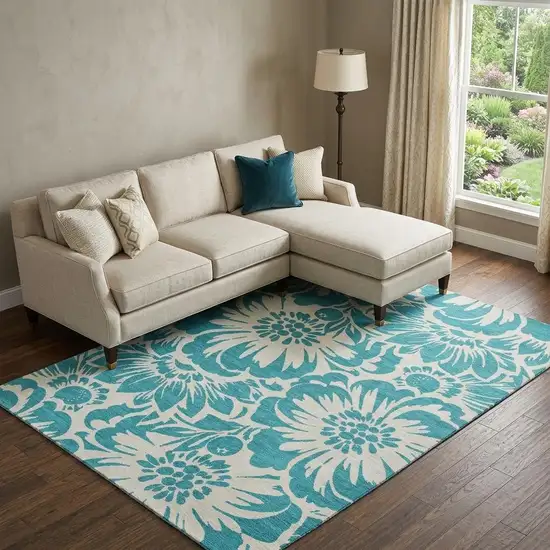 Teal And Ivory Floral Washable Area Rug With UV Protection Photo 1