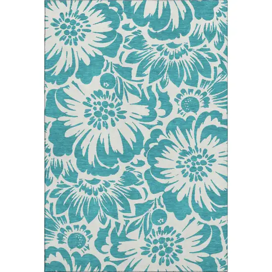 Teal And Ivory Floral Washable Area Rug With UV Protection Photo 1