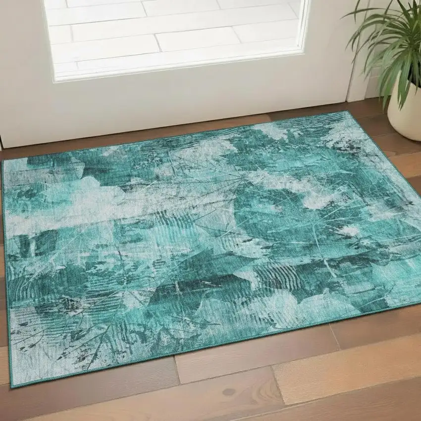 Teal And Ivory Floral Washable Area Rug With UV Protection Photo 1