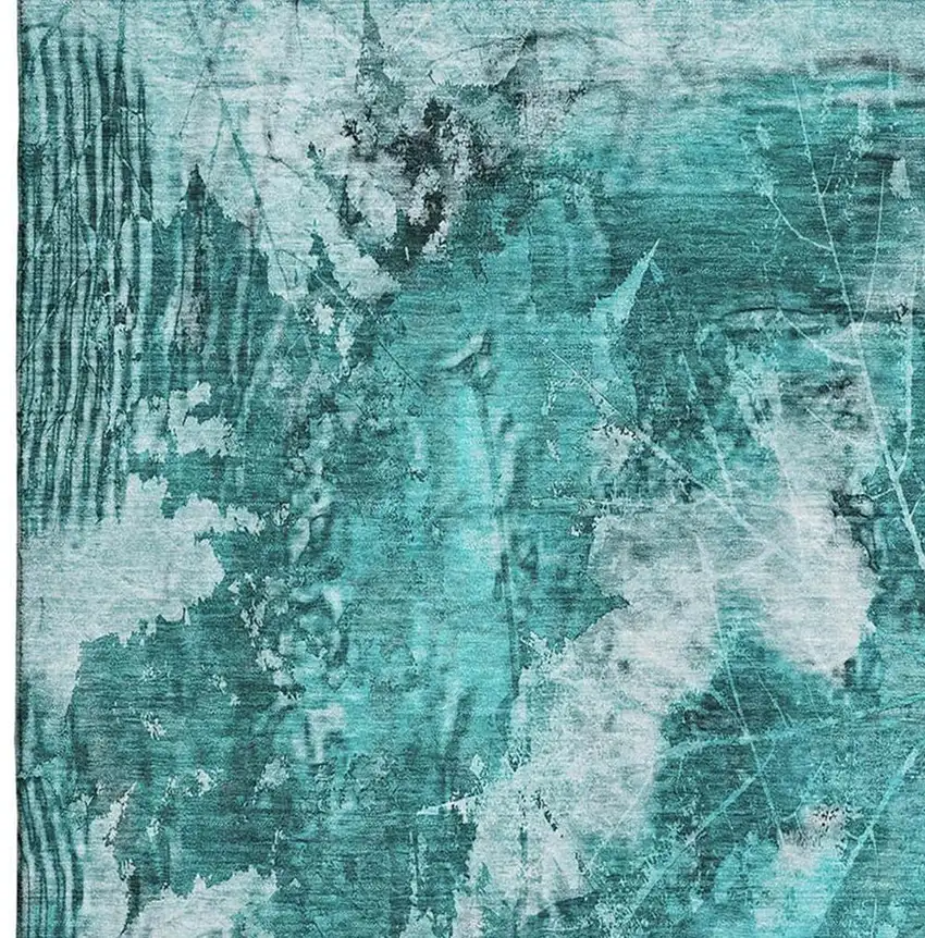 Teal And Ivory Floral Washable Area Rug With UV Protection Photo 4