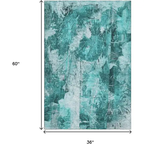 Teal And Ivory Floral Washable Area Rug With UV Protection Photo 3