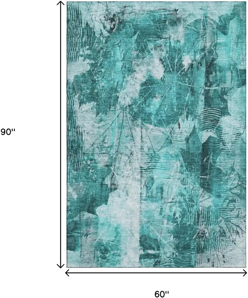 Teal And Ivory Floral Washable Area Rug With UV Protection Photo 3