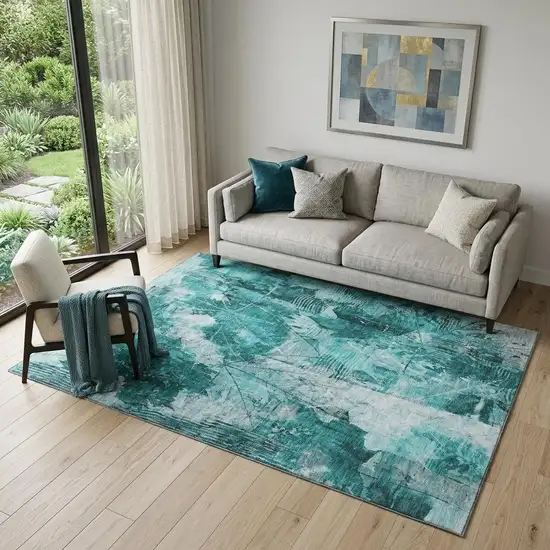 Teal And Ivory Floral Washable Area Rug With UV Protection Photo 1