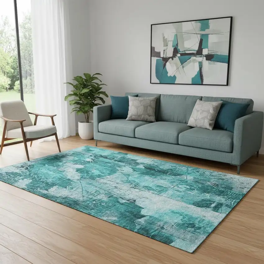 Teal And Ivory Floral Washable Area Rug With UV Protection Photo 1