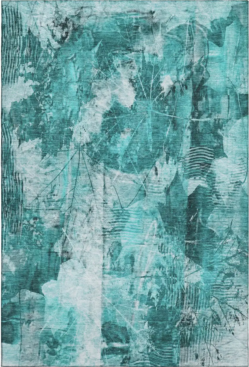 Teal And Ivory Floral Washable Area Rug With UV Protection Photo 1