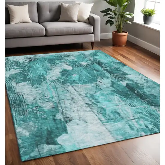 Teal And Ivory Floral Washable Area Rug With UV Protection Photo 2