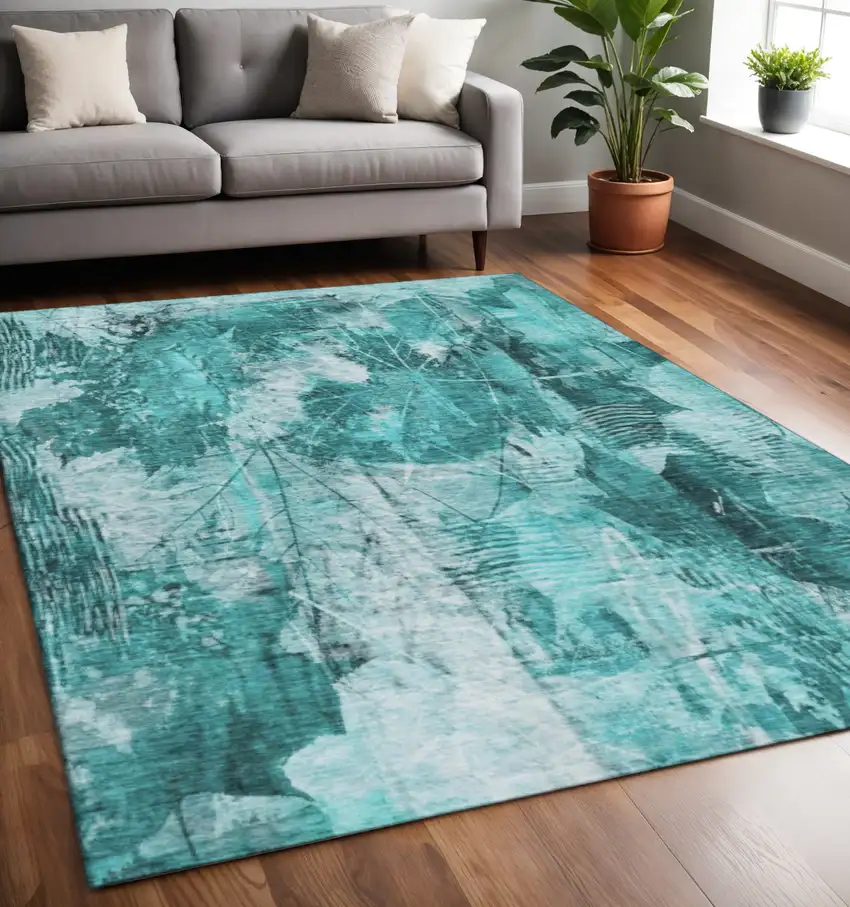 Teal And Ivory Floral Washable Area Rug With UV Protection Photo 2