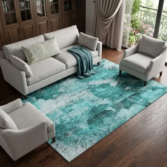 Teal And Ivory Floral Washable Area Rug With UV Protection Photo 1