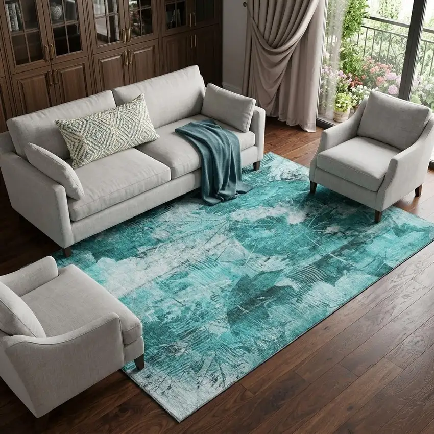 Teal And Ivory Floral Washable Area Rug With UV Protection Photo 1