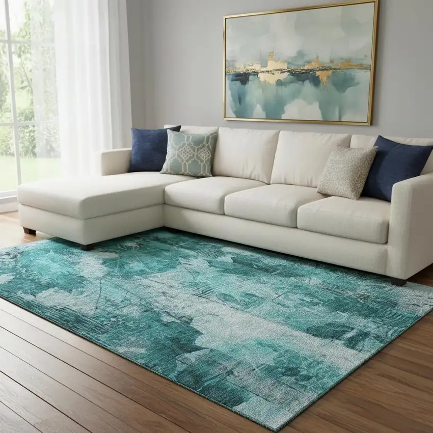 Teal And Ivory Floral Washable Area Rug With UV Protection Photo 1