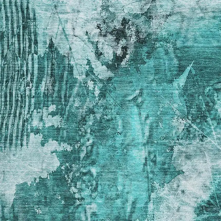 Teal And Ivory Floral Washable Area Rug With UV Protection Photo 3