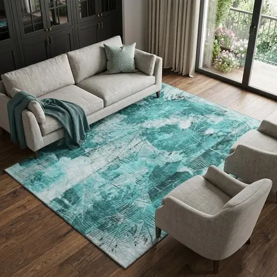 Teal And Ivory Floral Washable Area Rug With UV Protection Photo 1