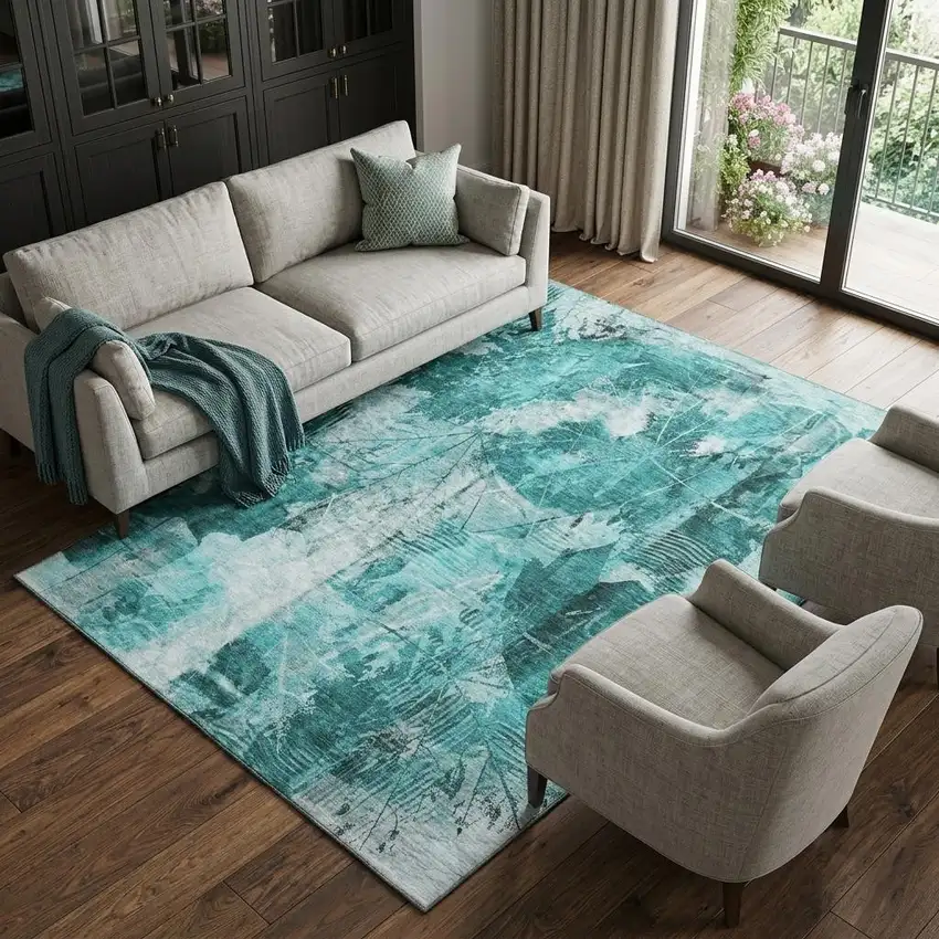Teal And Ivory Floral Washable Area Rug With UV Protection Photo 1