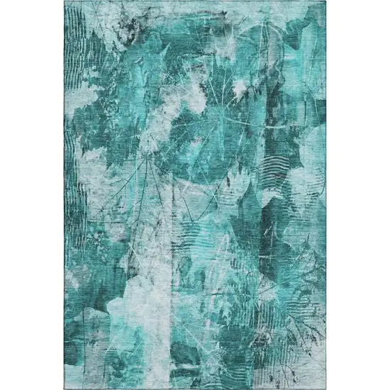 Teal And Ivory Floral Washable Area Rug With UV Protection Photo 1