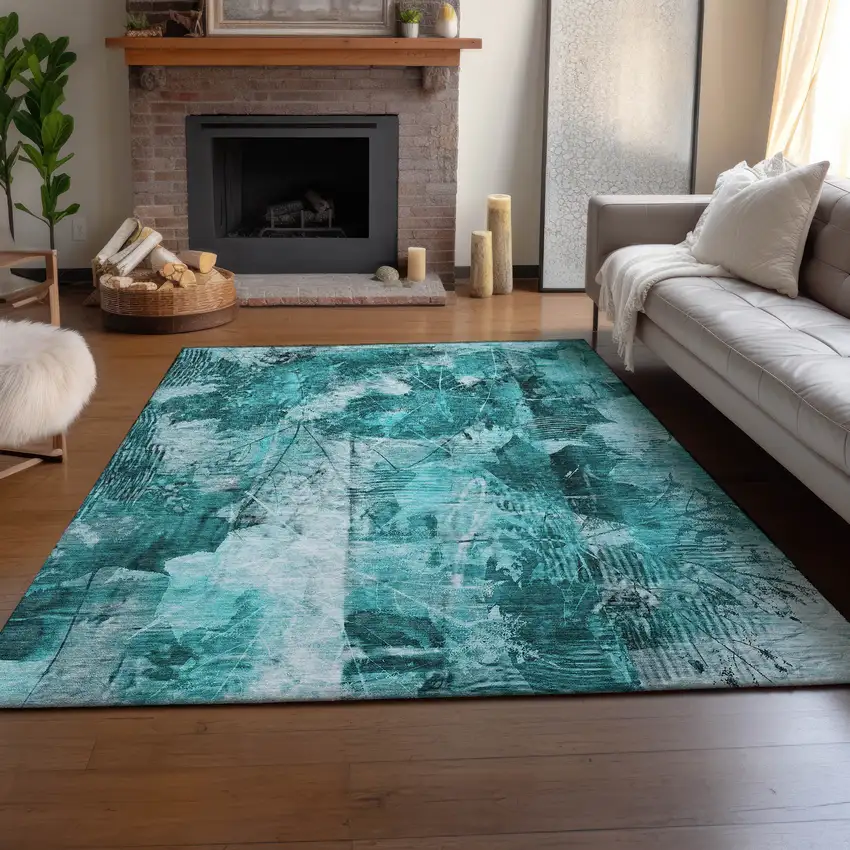 Teal And Ivory Floral Washable Area Rug With UV Protection Photo 6