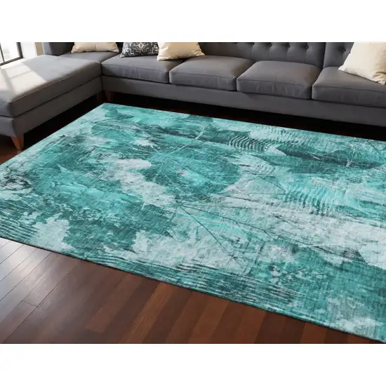 Teal And Ivory Floral Washable Area Rug With UV Protection Photo 2