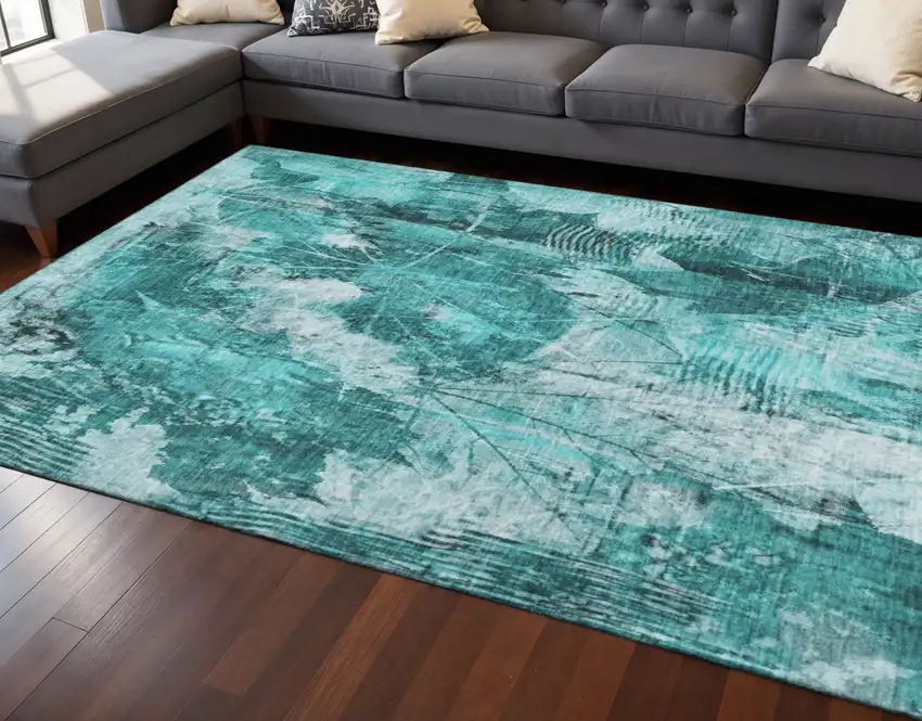 Teal And Ivory Floral Washable Area Rug With UV Protection Photo 2