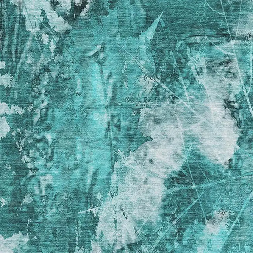 Teal And Ivory Floral Washable Area Rug With UV Protection Photo 3