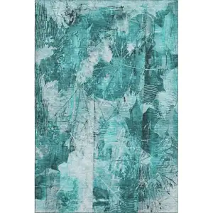 Photo of Teal And Ivory Floral Washable Area Rug With UV Protection