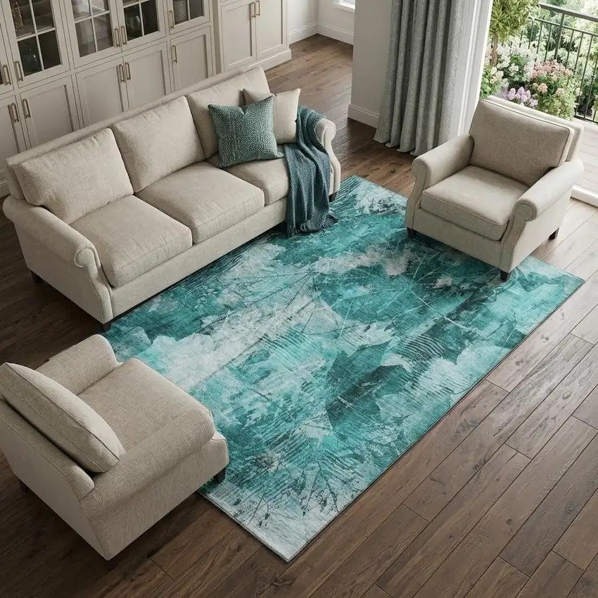 Teal And Ivory Floral Washable Area Rug With UV Protection Photo 1