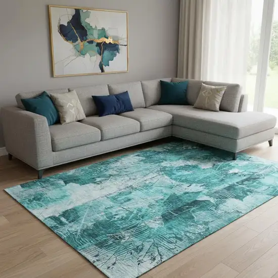 Teal And Ivory Floral Washable Area Rug With UV Protection Photo 1