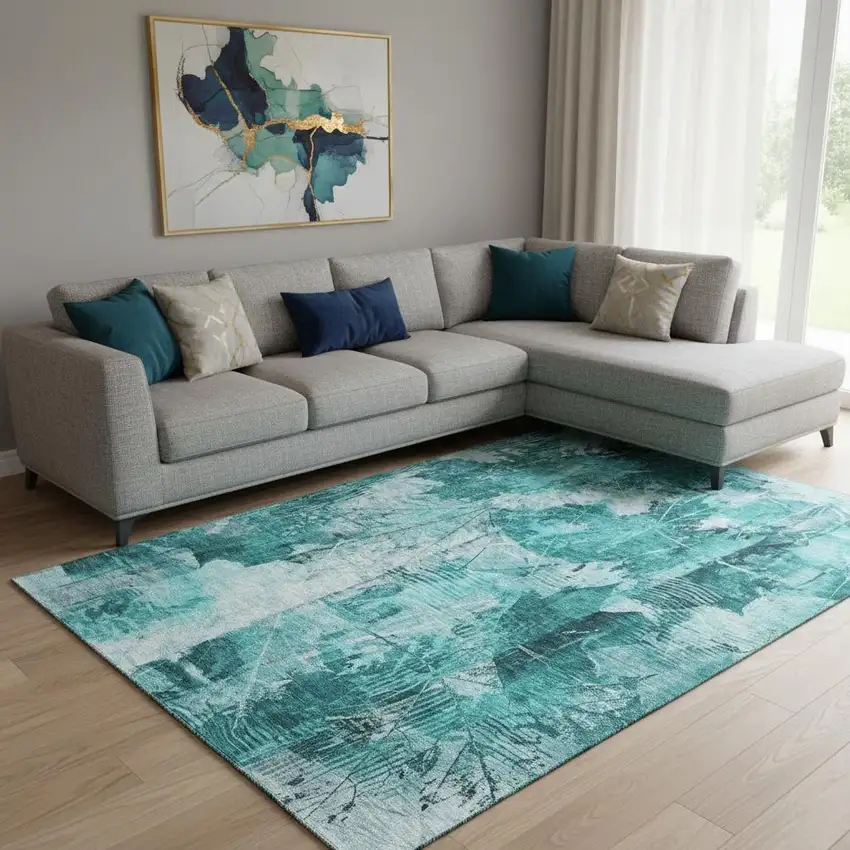 Teal And Ivory Floral Washable Area Rug With UV Protection Photo 1