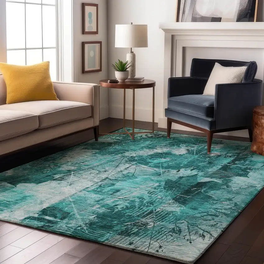 Teal And Ivory Floral Washable Area Rug With UV Protection Photo 5