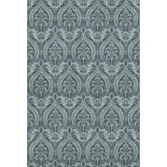 Teal And Ivory Floral Washable Area Rug With UV Protection Photo 5