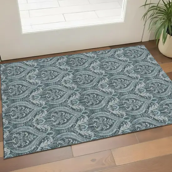 Teal And Ivory Floral Washable Area Rug With UV Protection Photo 1