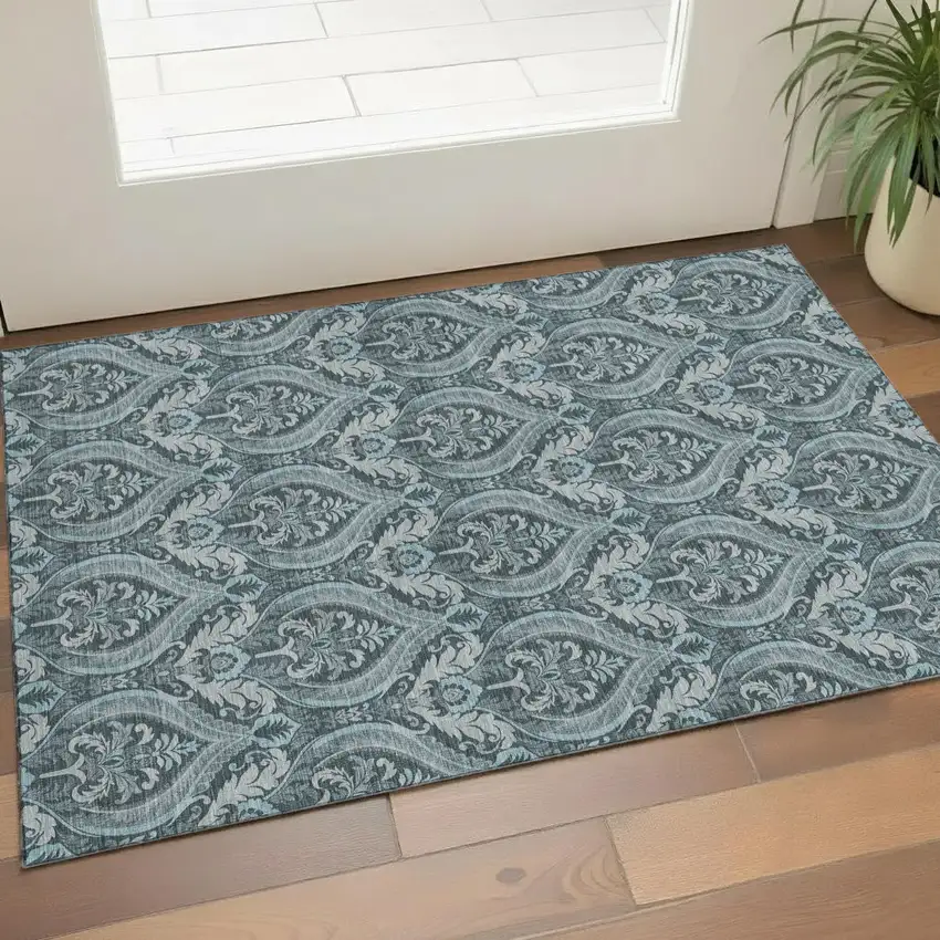 Teal And Ivory Floral Washable Area Rug With UV Protection Photo 1