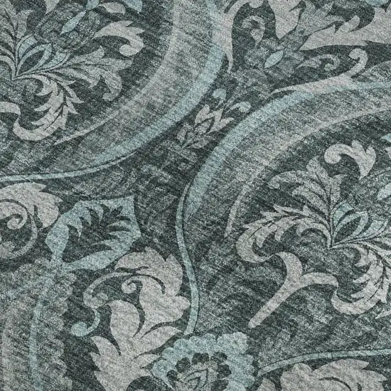 Teal And Ivory Floral Washable Area Rug With UV Protection Photo 2