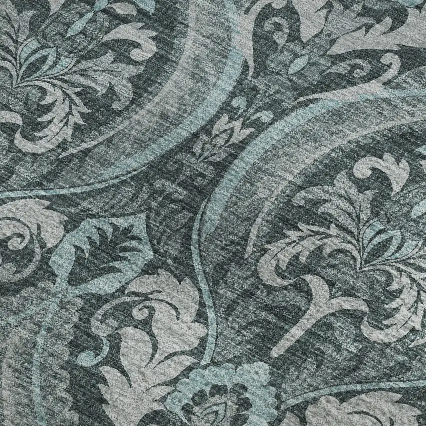 Teal And Ivory Floral Washable Area Rug With UV Protection Photo 2