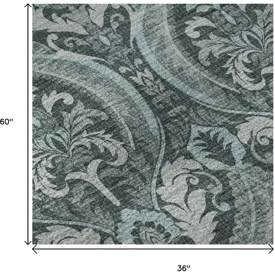 Teal And Ivory Floral Washable Area Rug With UV Protection Photo 9