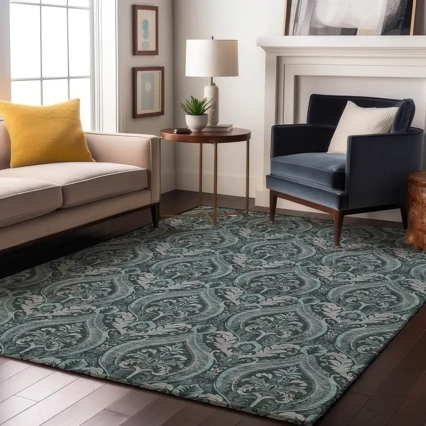 Teal And Ivory Floral Washable Area Rug With UV Protection Photo 4