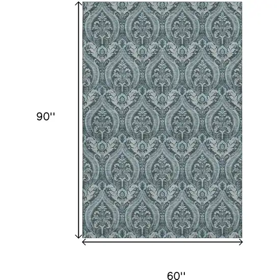 Teal And Ivory Floral Washable Area Rug With UV Protection Photo 3