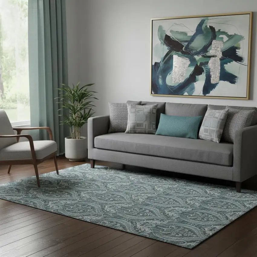 Teal And Ivory Floral Washable Area Rug With UV Protection Photo 1