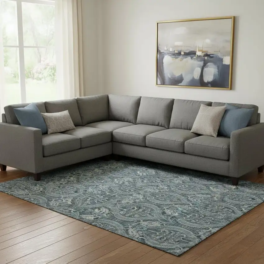 Teal And Ivory Floral Washable Area Rug With UV Protection Photo 1